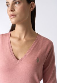 Maglione rosa in lana con scollo a V, bordi a costine e un piccolo logo ricamato sul lato sinistro del petto. Tessuto morbido e vestibilità comoda.