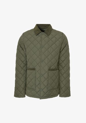 Quilted Jacke in Olivgrün mit einem Cordkragen. Verfügt über zwei Fronttaschen und Knopfverschlüsse. Glatte Textur und Rautenmuster.