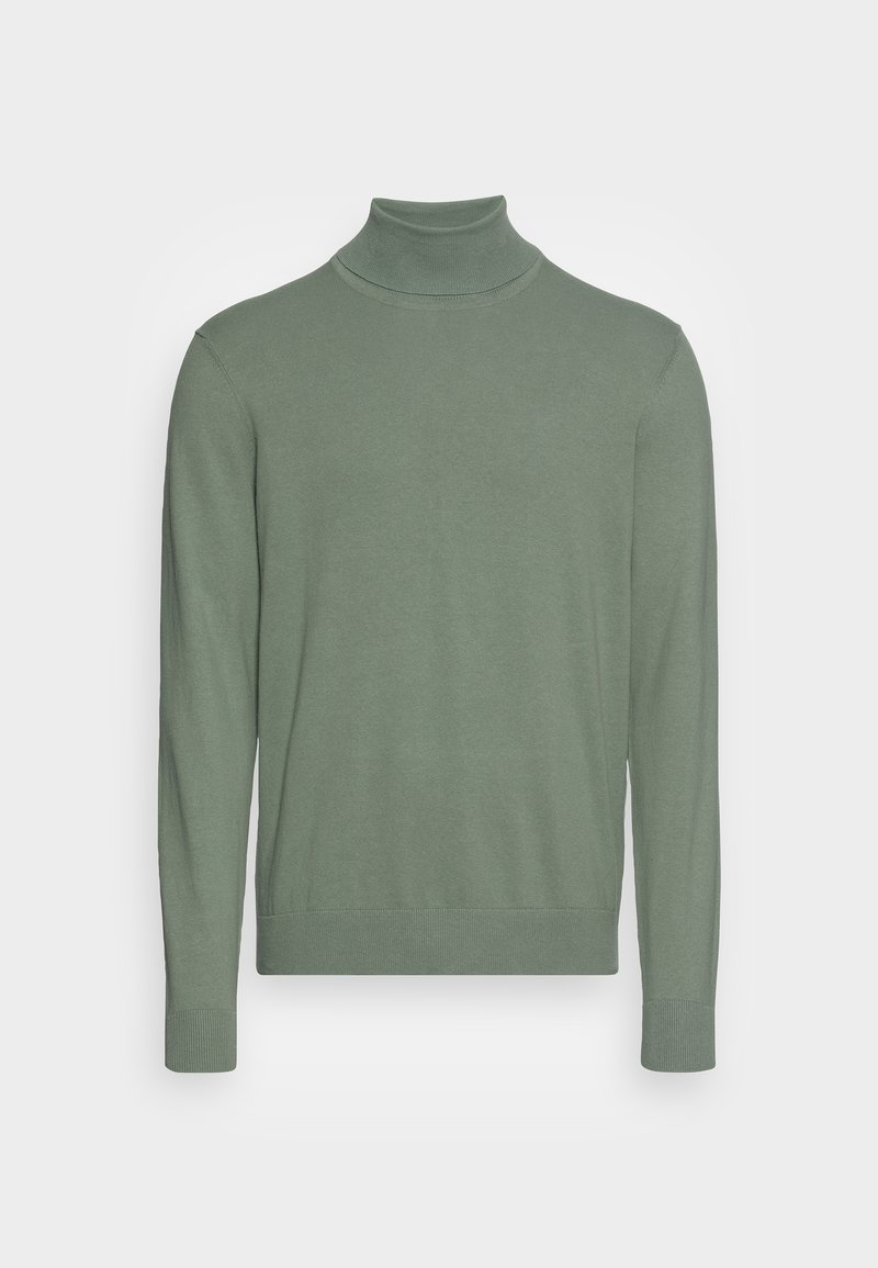 Grüner Rollkragenpullover aus weichem Strickmaterial. Mit langen Ärmeln, einem figurnahen Kragen sowie gerippten Bündchen und Saum. Keine sichtbaren Muster.