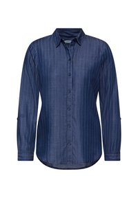 Camicia a maniche lunghe blu navy con strisce verticali azzurre, chiusura con bottoni sul fronte, colletto e polsini. Texture liscia, orlo curvato.