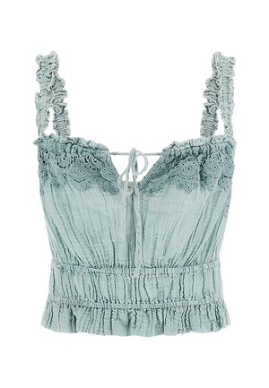 Hellgrünes, kurzes Oberteil aus strukturiertem Gewebe mit Spitzenbesatz, Rüschen-Trägern und gerüschtem Detail an der Taille. Mit Bindebändern vorne.