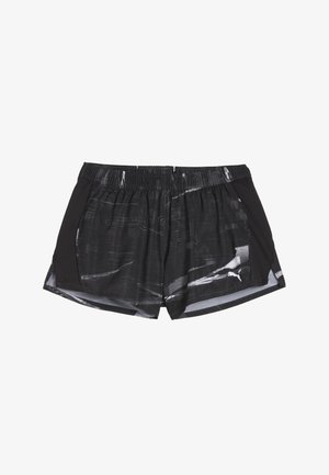 Czarne spodenki sportowe z szarym, abstrakcyjnym wzorem, elastycznym paskiem w talii oraz bocznymi rozcięciami dla wentylacji, wykonane z lekkiego materiału.