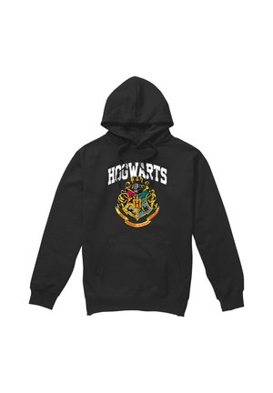 Black hoodie with Hogwarts crest and text, featuring four house symbols and yellow banner, front pocket, and drawstring hood.