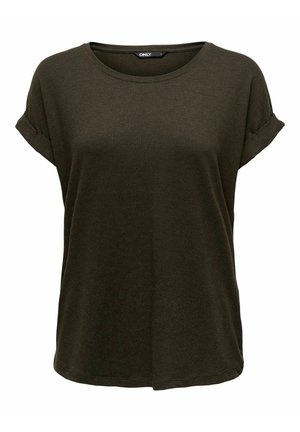 T-shirt vert olive foncé à manches courtes, coupe ample, manches retroussées et col rond, étiquette de marque "ONLY" à l'intérieur du col.