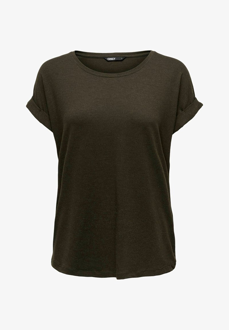 T-shirt vert olive foncé à manches courtes, coupe ample, manches retroussées et col rond, étiquette de marque "ONLY" à l'intérieur du col.