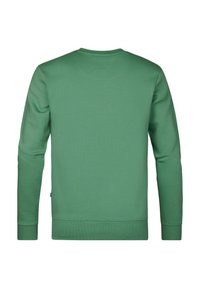 Sweat-shirt vert à col rond, avec des manches longues et des poignets côtelés. Fabriqué en tissu doux, présentant une texture lisse et un design uni.