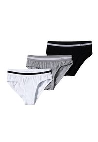 Pakket van drie hipster onderbroeken: één wit, één grijs en één zwart. Elke onderbroek heeft een zachte elastische band met een contrasterende streep.