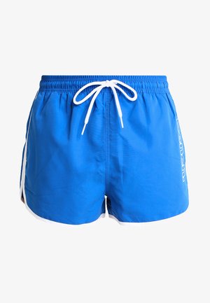 Blaue Badehosen aus leichtem Stoff, mit einem elastischen Bund und einer Kordel sowie weißen Seiteneinsätzen.