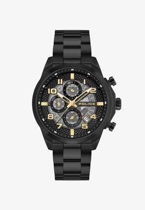 Orologio cronografo nero con quadrante texturizzato, dettagli dorati, marcatori ore audaci e bracciale in acciaio inossidabile. Finestra della data alle 4.