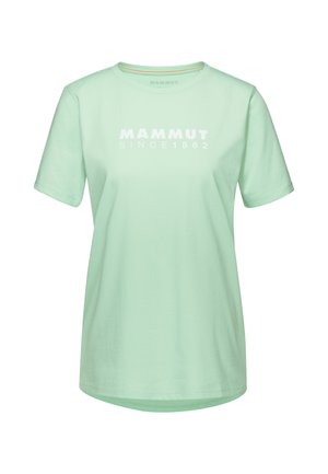 Mintgrünes Baumwoll-T-Shirt mit kurzen Ärmeln, Rundhalsausschnitt und weißem Drucktext "MAMMUT SINCE 1862" zentriert auf der Vorderseite.