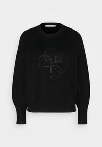 Suéter negro de punto con cuello redondo y corte holgado. Presenta un diseño de logotipo texturizado en negro en la parte delantera. Mangas largas y ligeramente abullonadas.