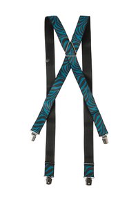 Juodos petnešos su turkio spalvos zebrų raštu. Reguliuojamos juostos ir sidabro spalvos metaliniai spaustukai. X formos dizainas užtikrinančiam prigludimą. Lygi satino tekstūra.