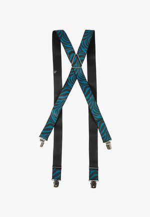 Zwarte bretels met turquoise zebra patroon. Verstelbare banden en zilveren metalen clips. X-vormig ontwerp voor een veilige pasvorm. Gladde satijnen textuur.