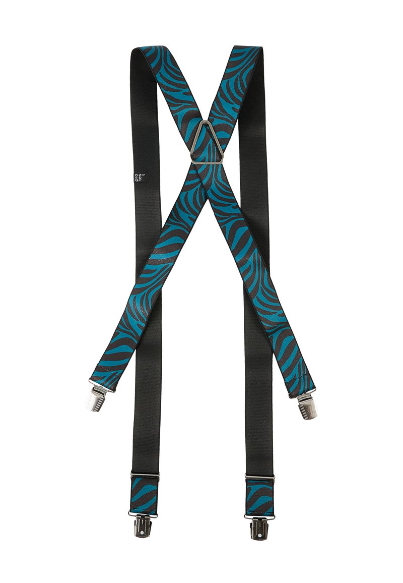 Juodos petnešos su turkio spalvos zebrų raštu. Reguliuojamos juostos ir sidabro spalvos metaliniai spaustukai. X formos dizainas užtikrinančiam prigludimą. Lygi satino tekstūra.