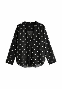 Schwarze Bluse mit weißen Polka-Dots, V-Ausschnitt, langen Ärmeln und abgerundetem Saum. Hergestellt aus einem leichten, glatten Stoff.