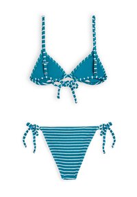 Teal bikini-setti, jossa on raidallisia yksityiskohtia; bralette-mallissa on solmittavat säädöt ja kolmiomaiset kupit, kun taas alushousuissa on sivusolmut ja vaakasuorat raidat.