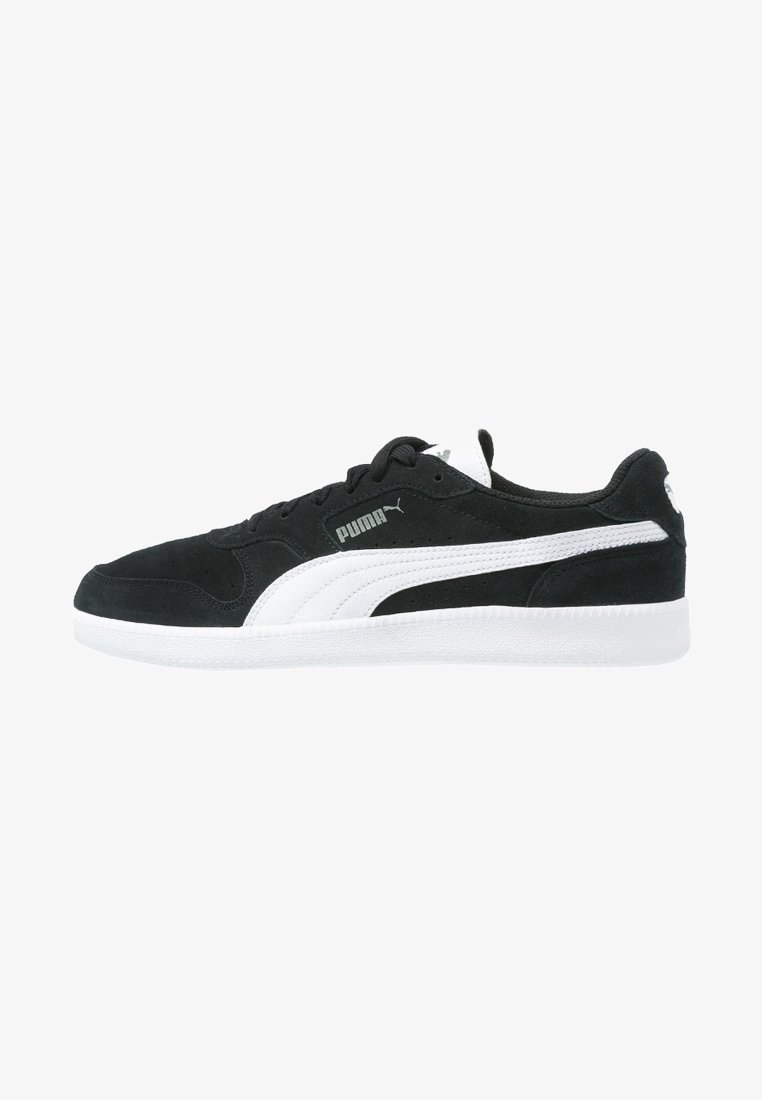 Black suede sneaker with white accents, featuring a textured upper, lace closure, and a white rubber sole. Puma logo on the side.