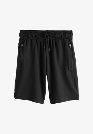 Sorte atletikshorts lavet af blødt stof med elastisk taljebånd og snøre, med to lynlåslommer i siderne.