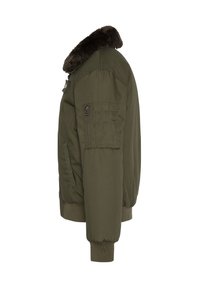 Olivengrøn bomberjakke med en faux fur-krave, lynlåslomme på ærmet, ribbede manchetter og en polstret overflade.