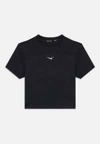 Schwarzes, kurzes T-Shirt aus glattem Stoff, mit Rundhalsausschnitt und kurzen Ärmeln. Ein kleines weißes Nike-Swoosh-Logo ist mittig auf der Brust platziert.
