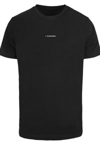 Black cotton t-shirt with a crew neck. Front features a white printed label reading "FANTASTIC" in a horizontal orientation.