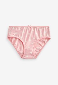 Culotte en coton rose avec des pois blancs, dotée d'une taille froncée et d'un petit nœud en décoration au centre devant. Texture lisse.