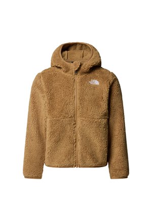 Brown fleece jacket with a hood, zip closure, and two front pockets. Features textured fabric and a logo on the left chest area.