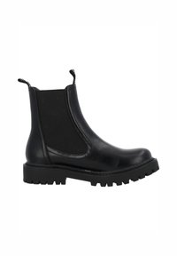 Stivale Chelsea in pelle nera con pannelli laterali elastici, linguette anteriori e posteriori, e suola in gomma robusta adatta per uso esterno.