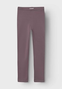 Lilla leggings laget av elastisk stoff. Har en tettsittende design med en myk midje og rene, nedlagte kanter. Ingen mønstre eller aksenter synlige.