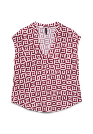 Blusa senza maniche con scollatura a V profonda, caratterizzata da un motivo geometrico a diamante rosso e bianco che copre uniformemente il tessuto.