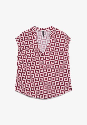 Blusa senza maniche con scollatura a V profonda, caratterizzata da un motivo geometrico a diamante rosso e bianco che copre uniformemente il tessuto.