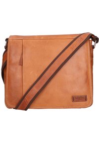 Borsa a tracolla in pelle marrone con texture liscia, dotata di tasca frontale, tracolla regolabile e dettaglio con logo impresso.