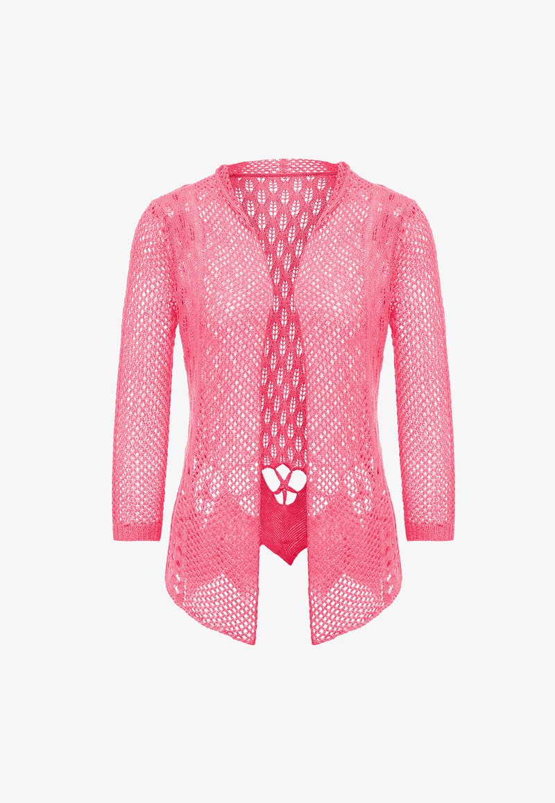 Rózsaszín kötött kardigán, nyitott elülettel, háromnegyedes ujjal és finom gyémántmintával az egész felületen.