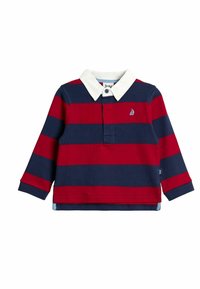 Tricou polo cu mânecă lungă, cu dungi roșii și bleumarin, cu guler alb și plachetă cu nasturi; prezintă un mic logo cu o barcă cu velă pe piept.