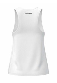Witte sportieve tanktop van gladde stof. Heeft een ronde halslijn, brede schouderbanden en een logo op de bovenrug.