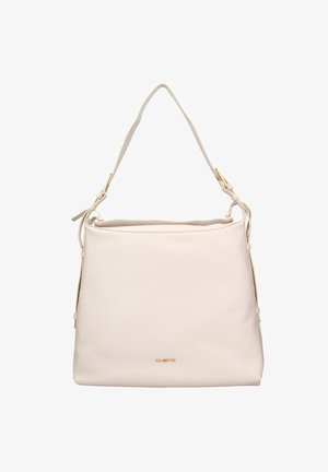 White leather handbag with a textured surface, a single shoulder strap, and gold-tone hardware accents. Large main compartment with soft structure.