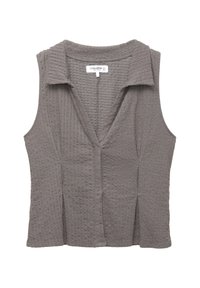 Graues ärmelloses Oberteil mit strukturiertem Strickdesign, das einen Kragen und einen V-Ausschnitt aufweist. Der Stoff wirkt weich mit dezenten Musterdetails.