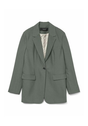 Blazer verde oliva realizzato in un tessuto liscio, con chiusura a un bottone, due tasche frontali e foderato in satin.