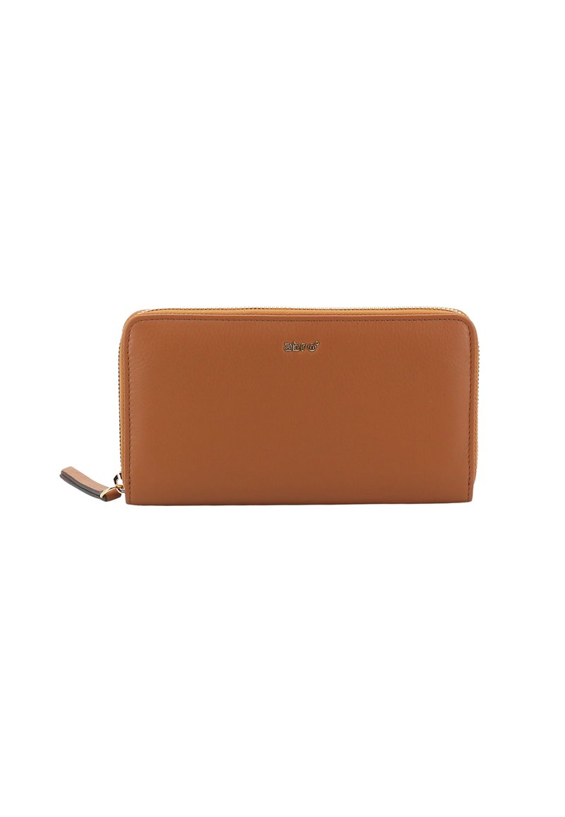 Brown leather wallet with a smooth texture, rectangular shape, zip closure, and a metallic logo accent on the front.