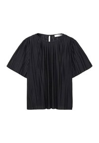 Schwarzes gefältetes Oberteil mit rundem Ausschnitt, kurzen Ärmeln und Schlüssellochdetail auf der Rückseite. Hergestellt aus leichtem, strukturiertem Stoff.