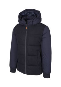 Giubbotto imbottito navy con un pannello testurizzato sul petto, zip completa, cappuccio e polsini a coste. Presenta due tasche frontali.