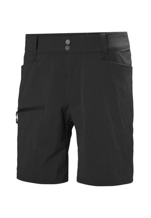 Zwarte knielange shorts met twee voorzakken, riemlussen, een ritssluitingzak op de linkerdij en dubbele knoopsluiting in de taille.