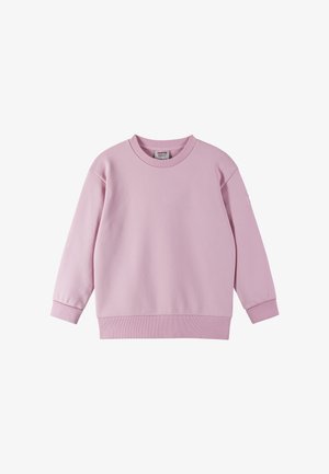 Jasnoróżowy sweatshirt wykonany z miękkiego materiału, z okrągłym dekoltem, długimi rękawami, ściągaczami na rękawach i u dołu. Prosty design bez wzorów.