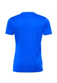 T-shirt bleu à manches courtes en tissu léger et doux. Présente un col rond et un petit logo près de l'ourlet.