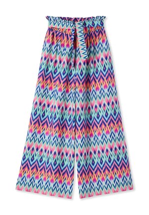 Pantaloni a gamba larga con vita alta a sacchetto e cintura abbinata, caratterizzati da un vivace motivo a zigzag nei toni del blu, rosa, arancione e verde.
