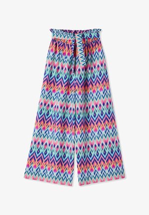 Pantaloni a gamba larga con vita alta a sacchetto e cintura abbinata, caratterizzati da un vivace motivo a zigzag nei toni del blu, rosa, arancione e verde.