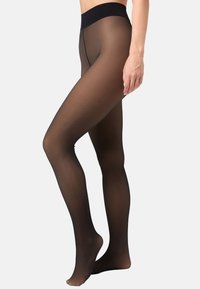 Schwarze Strumpfhose mit glatter, transparenter Textur und einem breiten elastischen Bund. Der Stil ist figurbetont und nahtlos, geeignet für verschiedene Anlässe.