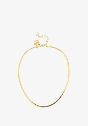 Naszyjnik w złotym odcieniu z gładkim, płaskim łańcuchem i okrągłym zapięciem. Posiada regulowaną długość z delikatnym łańcuszkiem przedłużającym.