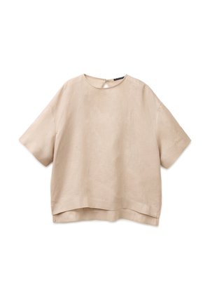 Blusa beige in lino a maniche corte con scollo rotondo, vestibilità ampia e una piccola chiusura con bottone a occhiello sul retro.