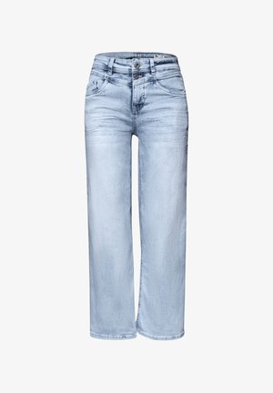 Lichtblauwe jeans met wijde pijpen, dubbele knoopsluiting, voorzakken en een licht vervaagde, gewassen denimstructuur.